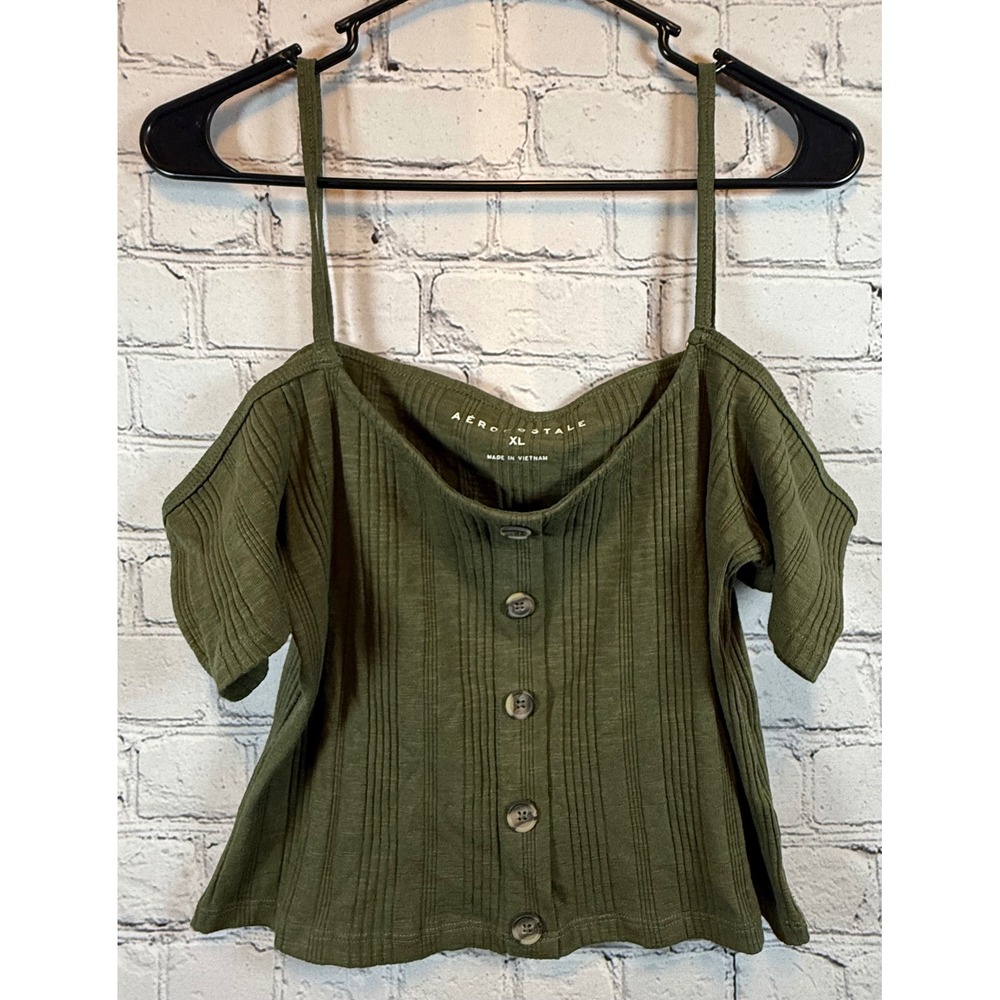 Aeropostale Olive Green Ribbed‎ Button Front Crop Top XL Extra Large